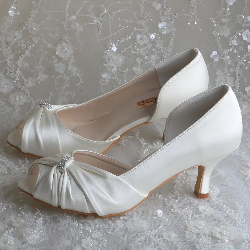 

Venus lure Customized Peep Toe Shoes for Wedding Pleated Woman Mid Heel Pumps Ivory Fabric