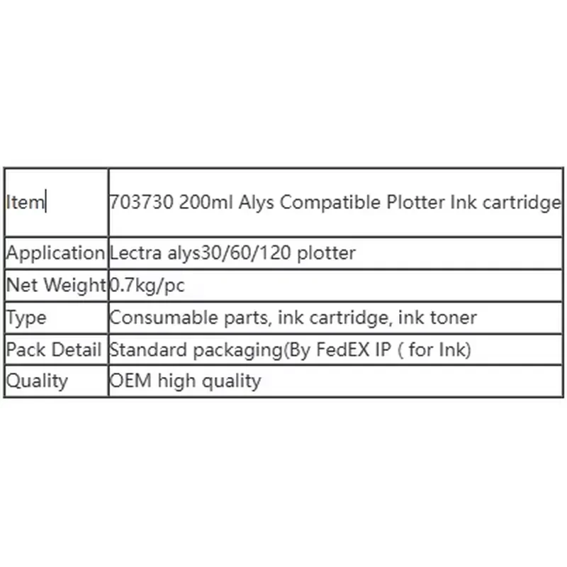 200ML Plotter Ink Cartridge for Lectra ALYS Cutting Machine CAD Consumable Replacement Spare Parts High Capacity Durable
