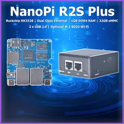 NanoPi R2S Plus 1GB RAM 32GB eMMC Rockchip RK3328 Quad-core A53 SoC Development Board Supports U-boot, Ubuntu-Core, OpenWrt