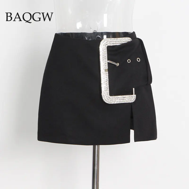 Autumn Long Sleeve Square Collar Diamond Buckle Belt Hollow Out Waist Black Bodysuits Short Skirt sold separate Luxury Women Set