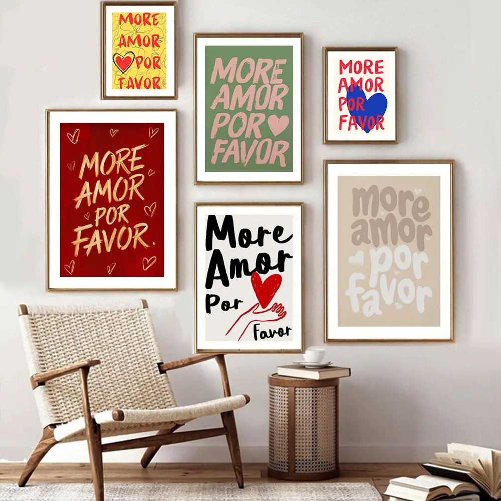Maximalist More Amor Por Favor Colorful Eclectic Pink Love Quote Wall Art Canvas Painting Poster For Living Room Home Decor