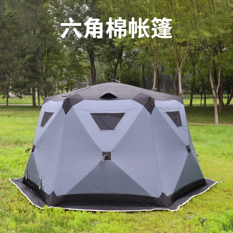 Hexagonal Ice Fishing Tent, abertura rápida, algodão, espessado, quente, 5 pessoas, livre para configurar, fonte de fábrica, inverno