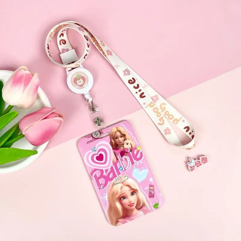 Kawaii Anime Cute Barbie Slide Card Holder Retractable Lanyard School Card Meal Card Card Bag Cartoon Protective Cover Pendant