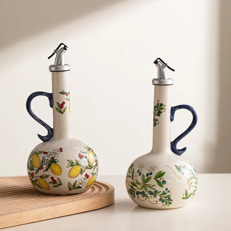 Retro Olive Oil Dispenser Underglaze Embossed Ceramic Oil Vinegar Can Kitchen Accessories Storage Dispenser Container Bottle