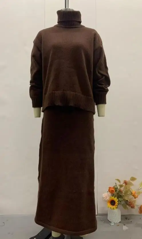 Autumn and Winter Elegant Women's New Simple Solid Color High Collar Loose Knitted Sweater and Straight Half Skirt Set