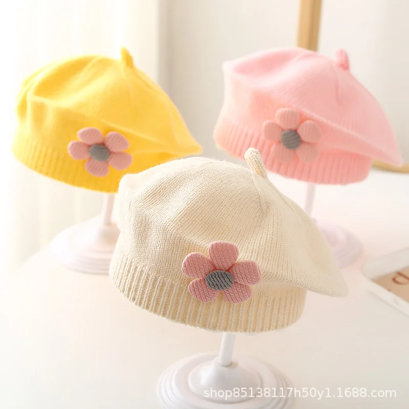 

0-4Y Baby Hat Autumn and Winter Baby Girl Cute Flower Beret Fashion Children's Wool Hats Girl Knitted Hat