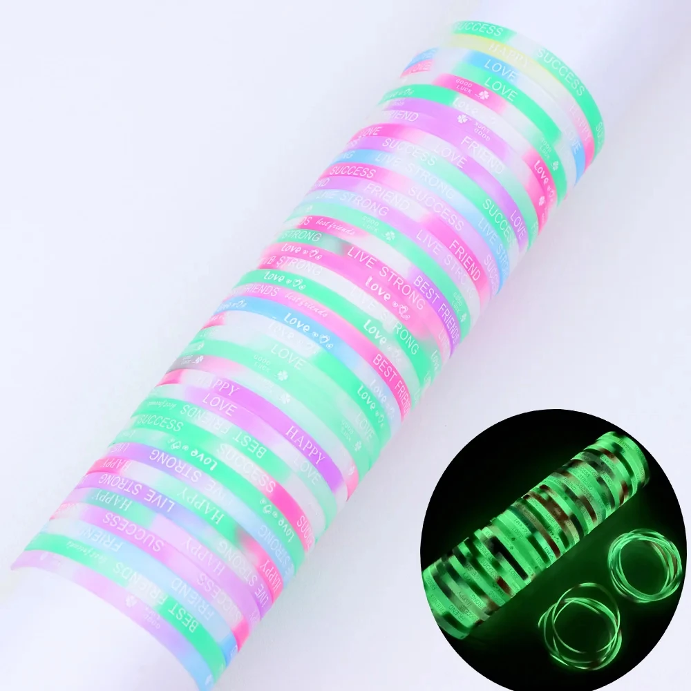 10pcs 패션 5mm 빛나는 실리콘 팔찌 편지 스포츠 고무 팔찌 탄성 캔디 컬러 팔찌 여성 남성