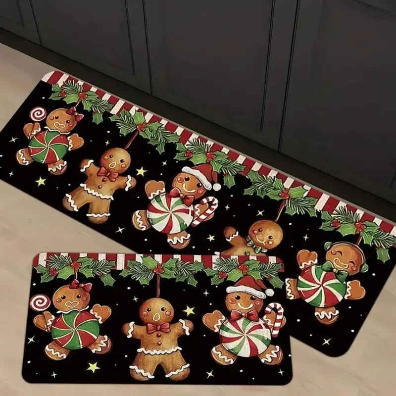 VIKAMA Christmas Gingerbread Kitchen Mat Runner Rug Black Non Slip Absorbent Anti Fatigue Soft Christmas Holiday Decor