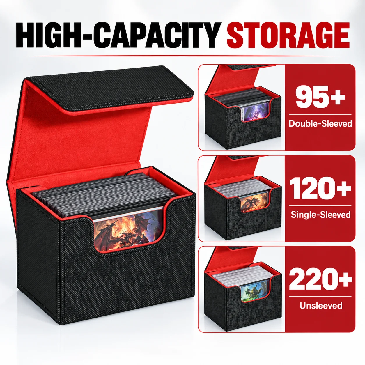 Large Horizontal Card Deck Box with Two Dividers Leather Storage Case for 150+ Single Sleeved MTG TCG CCG Trading Card Black Red