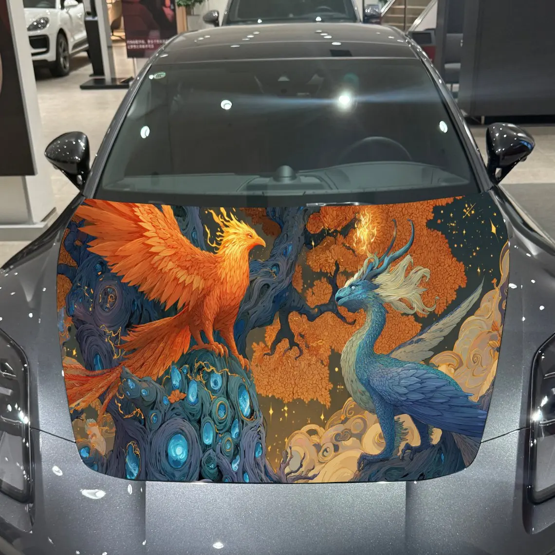 

Dragon Phoenix Auspicious Myth Art PVC Car Hood Wraps, Self-Adhesive Waterproof Car Bonnet Decal Sticker, Car Decoration Protect