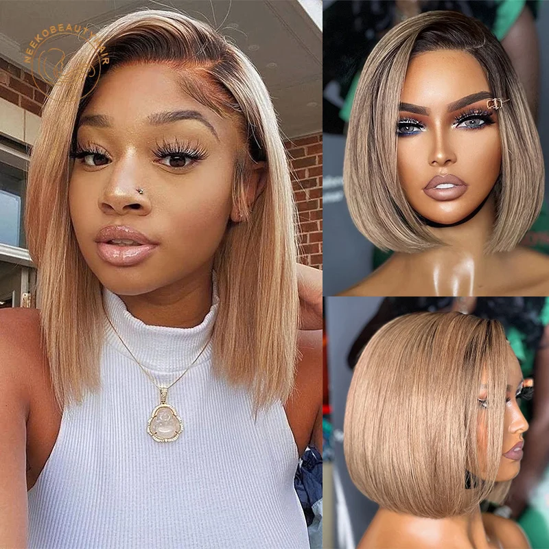 1B Brown Ombre Lace Front Human Hair Wig Transparent Lace Frontal Wig Honey Blonde Ombre Ash Blonde Short Straight Bob Wigs