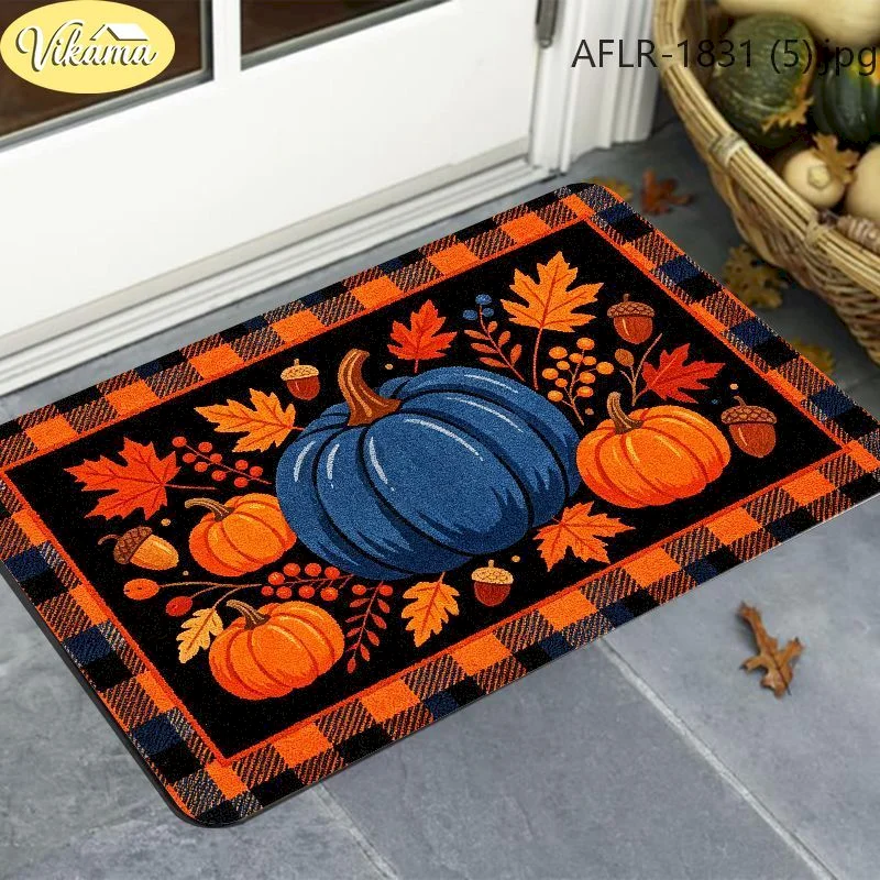 VIKAMA Fall Blue Pumpkin Black Plaid Door Mat Floor Mat Front Door Non Slip Washable Welcome For Home Decor