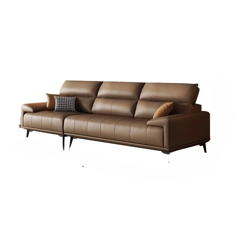 Canapé en cuir avec touches de piano minimalistes italiennes, pour trois personnes, rangée droite, salon, dossier haut, marron