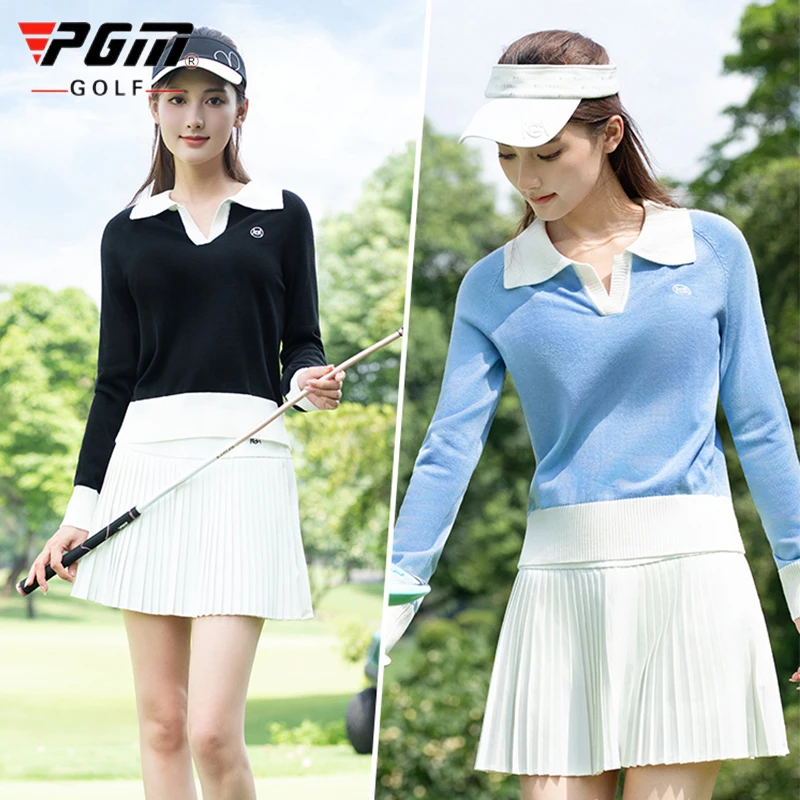 PGM Golf Shirt for Women Warm Knitted Sweater Elastic Long Sleeve Golf Tops Lady Pleated Slim Skirts High Waist Sports Skorts