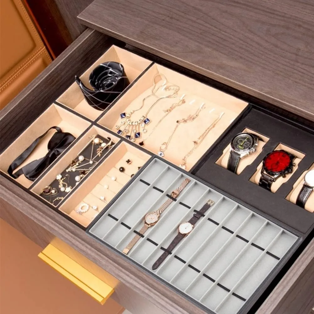 Bandeja organizadora de joyas gris oscuro de 10 rejillas, escaparate de reloj apilable con interior de terciopelo, cajas de almacenamiento de relojes de cuero de imitación