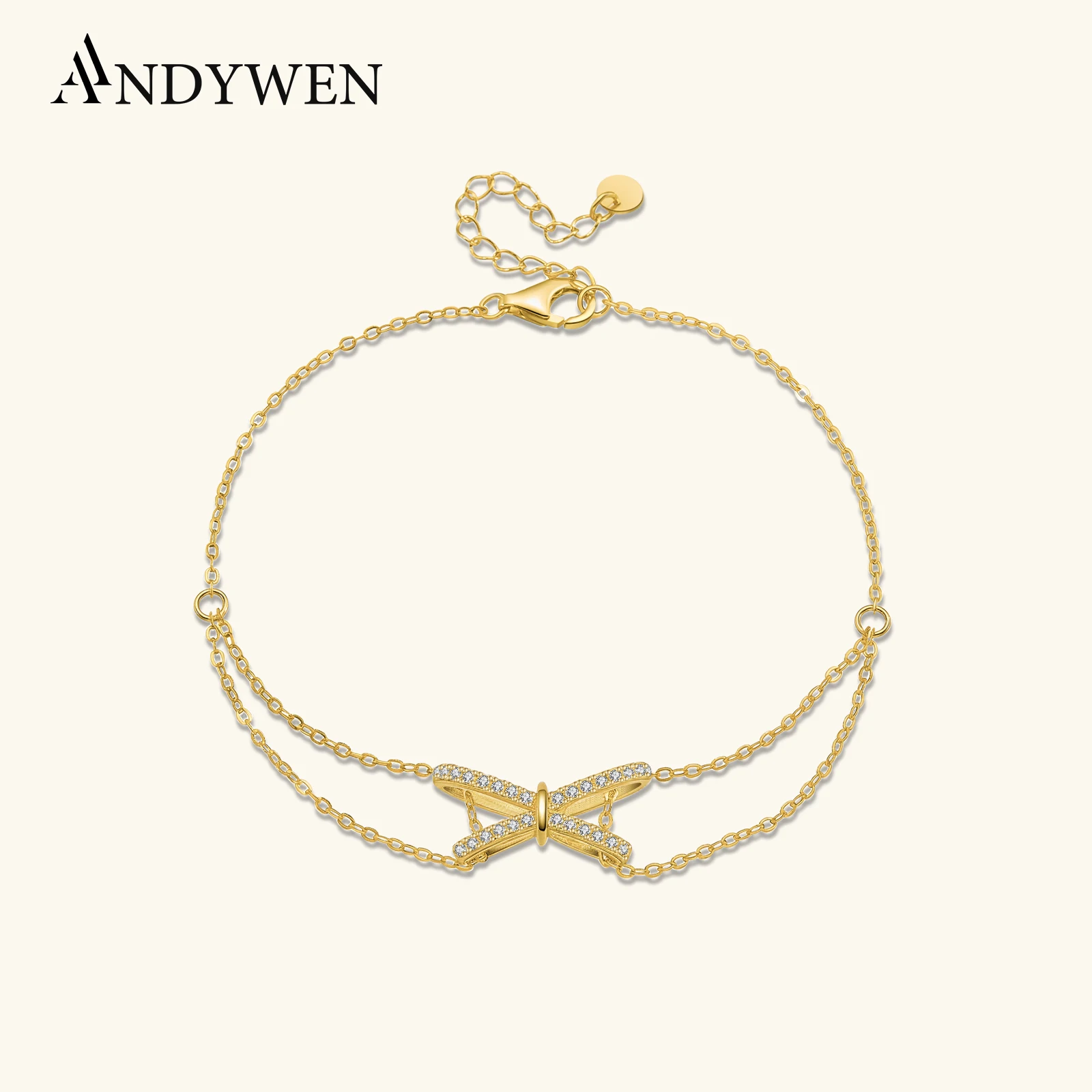 

ANDYWEN милый элегантный браслет из стерлингового серебра 925 пробы с золотой бабочкой, двухслойный браслет с кубическим цирконием, 2025 ювелирных изделий, подарок для женщин