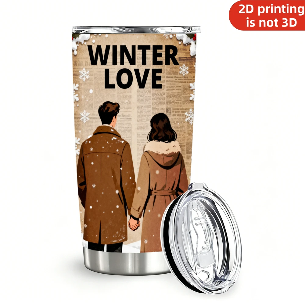 20oz Winter Love Warm Hearts Printed Stainless Steel Tumbler with Lid and Straw, Romantic Couple Snowflakes Vintage Newspaper Vacuum Insulated Travel Coffee Mug Christmas Gifts