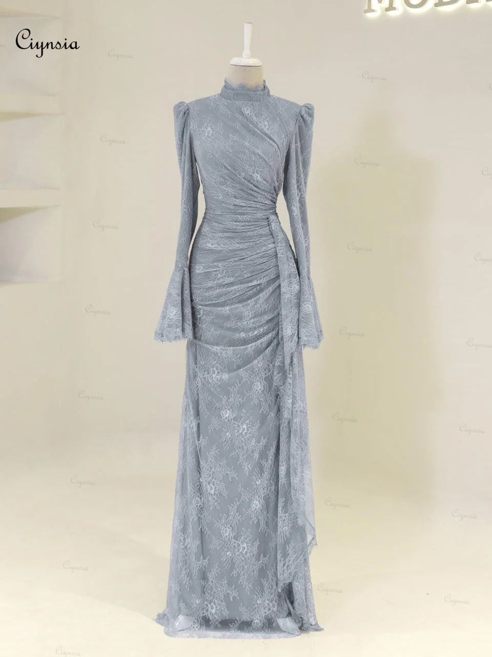 

Ciynsia Customized Islamic Muslim Lace Evening Dresses Mermaid Dubai Long Sleeve Formal Party Gowns Robes De Soirée 2025 New