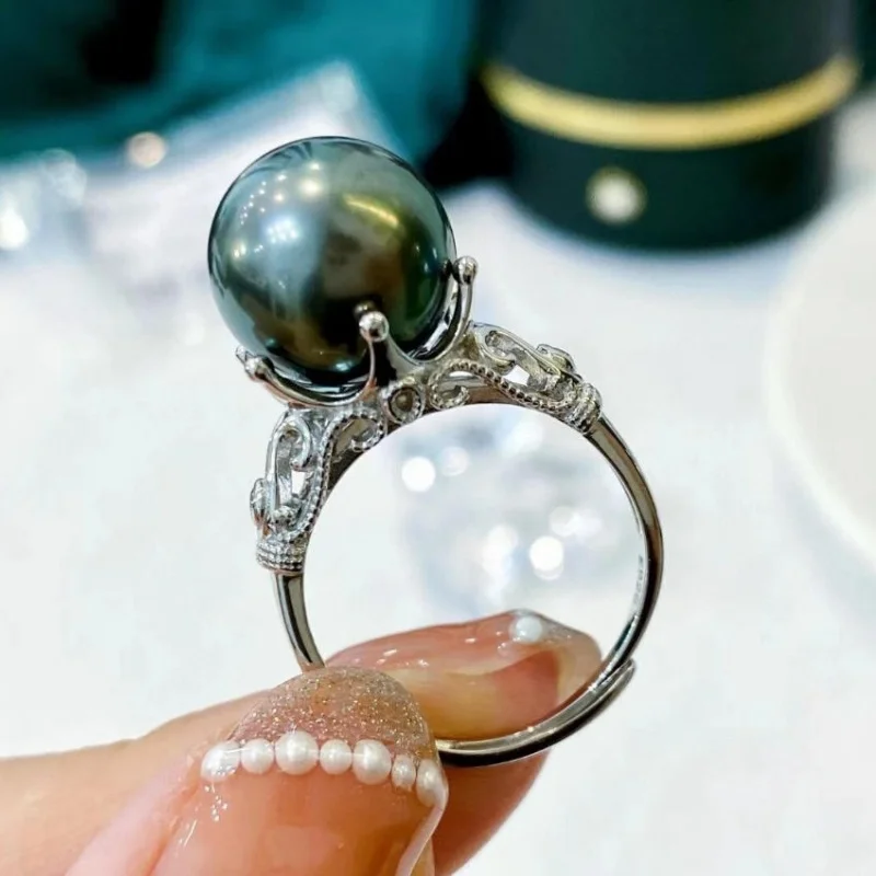 Oversized AAAA+ 10-11mm South Sea Black Green Circular Pearl Ring 925S Sterling Silver Size Adjustable Women's Fashion Jewelry