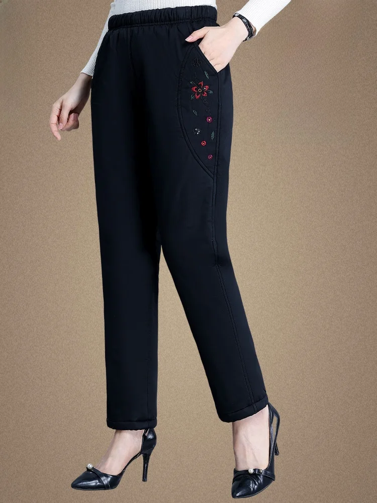 Pantalones de Algodón Gruesos y Cálidos, Diseño de Pierna Recta, para Mamás con Estatura Menor, Estilo Invernal para el Traba...