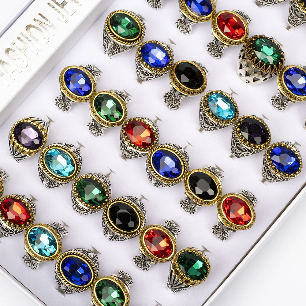 الجملة 20 قطعة/الوحدة خمر تقليد الأحجار الكريمة الزجاج منحوتة الزهور الهندسة خواتم مجوهرات للرجال النساء هدايا الحفلات