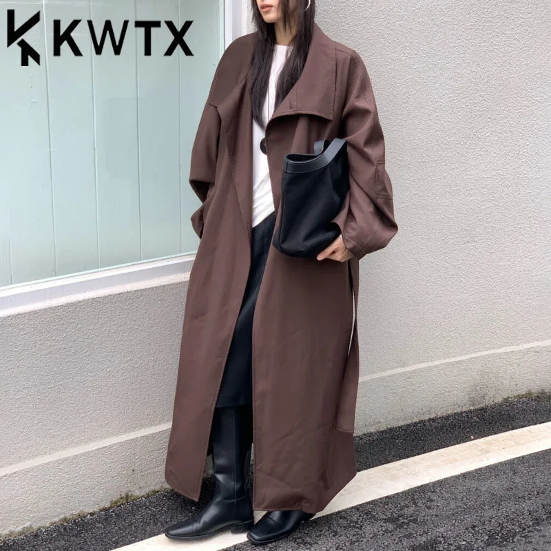 

KWTX весенне-летний плащ женский длинный однотонный с поясом и зубчатыми лацканами с карманами повседневный элегантный шикарный премиум-класса роскошный высокое качество