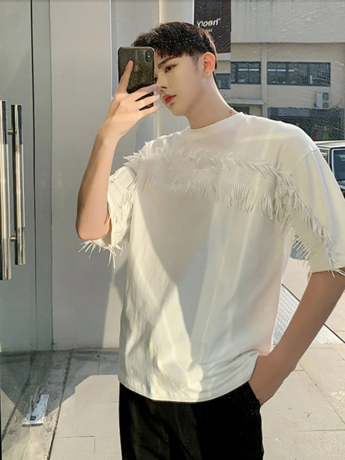 

Loose Fit ort Sve T-irt for Men Summer Design Knotted Trim Hair St Sle Casual Trendy round Ne Youth Faion