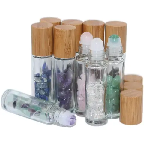 10pcs 10ml Roll On Bottle With Gemstone Rollerball Crystal Chips Bamboo Lids Glass Roller Bottles Essential Oil Sample Bottles