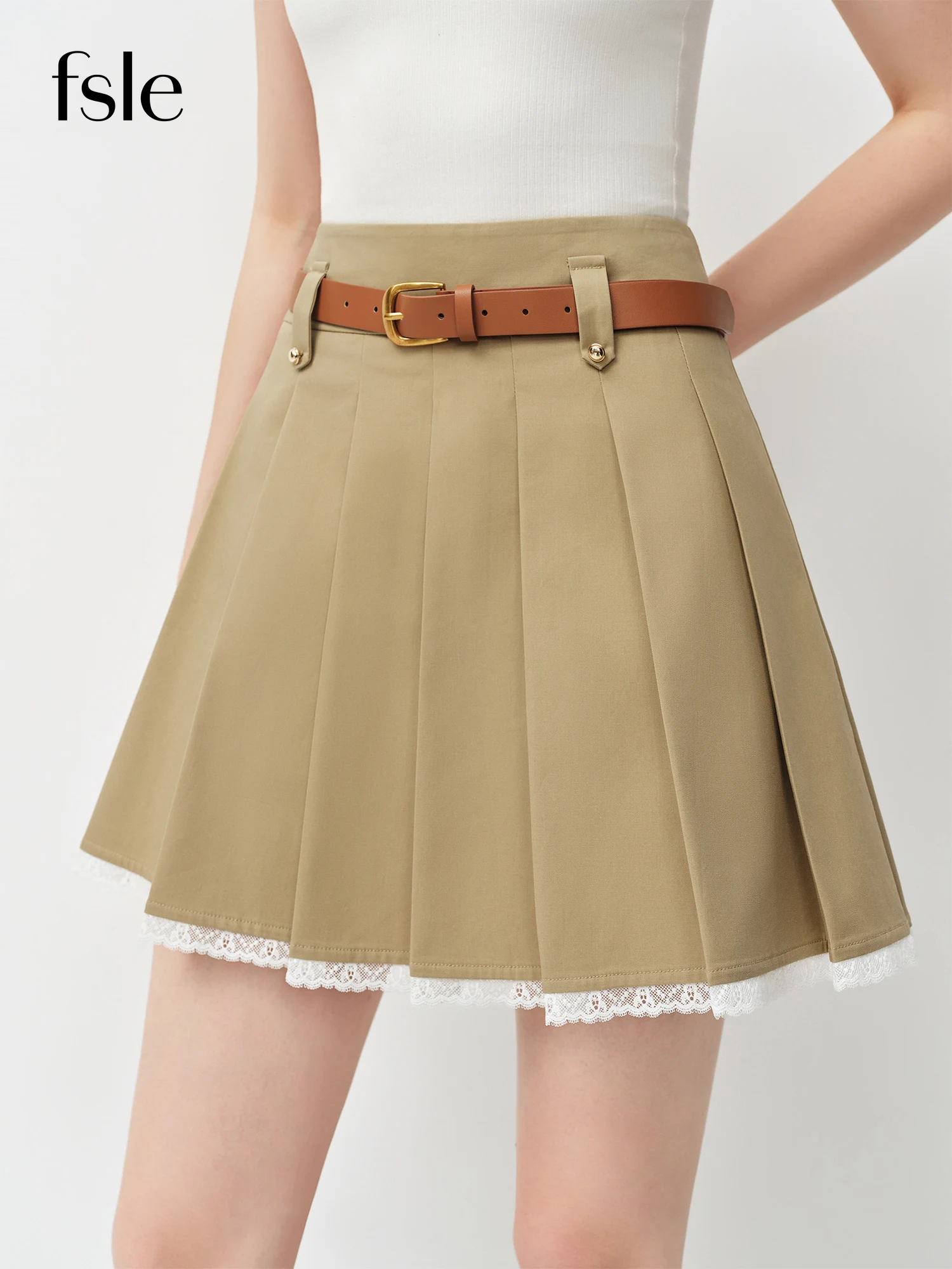 

Новая летняя женская мини-юбка FSLE с кружевной отделкой, А-силуэт, в корейском стиле преппи, 2026, с высокой талией, плиссированная
