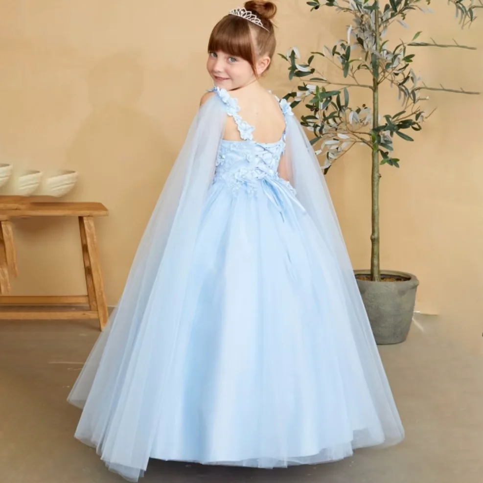 Customized Sky Blue Flower Girl Dresses Tulle Flowers Appliques With Shawl Sleeveless For Wedding Birthday Party Banquet Gowns