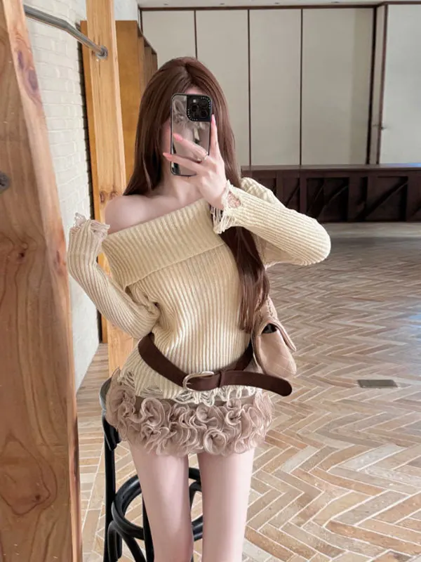

Korean Style Fashionable Knitted One Shoulder Top Women's Elegant Unique Spring Clothing City Walk Suitable Long Sleeve Warmth
