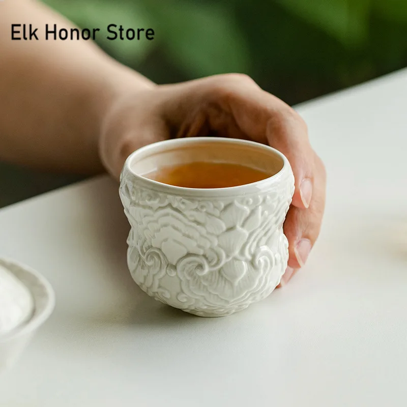 90ml Creative Plant Gray Carved Flower Teacup Zen Tea Pair Smelling Cup Master Cups Tripodia Gourd Tea Bowl Drinkware Ornaments