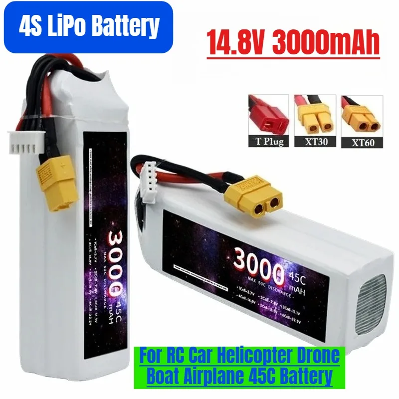 

4S LiPo Battery 14.8V 3000mAh with Deans Plug XT60 XT30 Connector For RC Car Helicopter Drone Boat Airplane 45C Battery