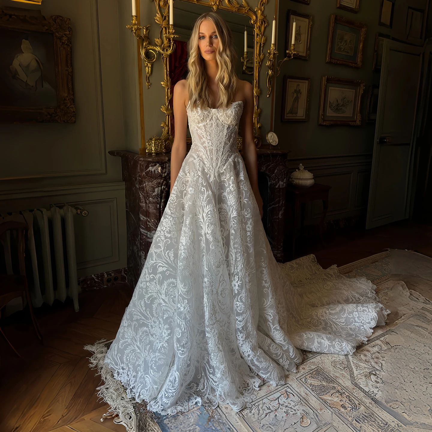 

Sharon Said Luxury Lace A-Line Wedding Dress Strapless Corset Bridal Gown Elegant Vestido De Novia Chapel Train SW220 Customized