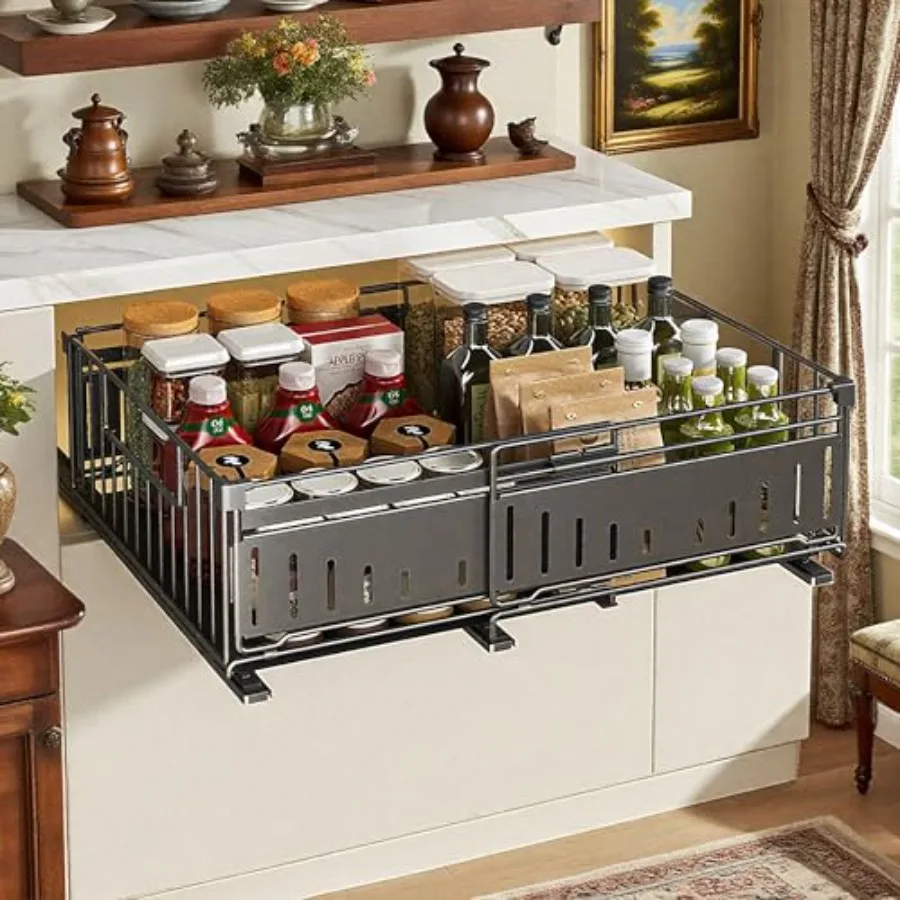 

Under Sink Pull-Out Cabinet Organizer for Kitchen and Bathroom Cabinet Storage - Metal Expandable Drawers 12.8-19.49in Width Su