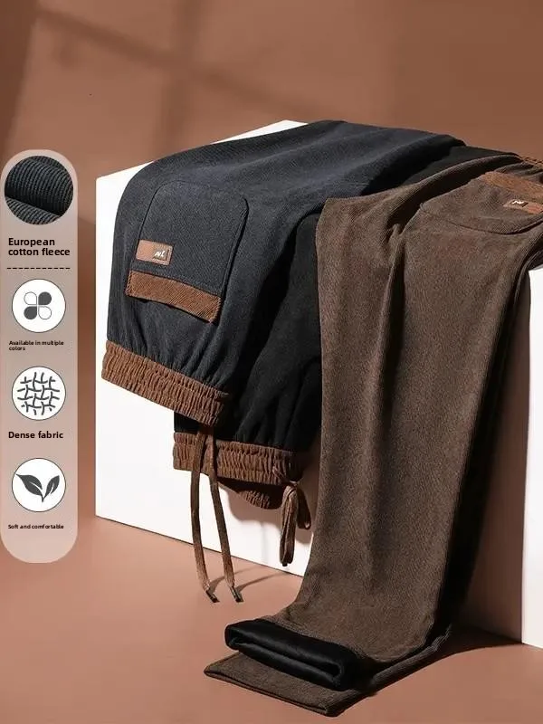 

Мужские вельветовые брюки на флисовой подкладке с эластичным поясом, повседневные спортивные штаны, теплые прямые брюки для мужчин на осень-зиму