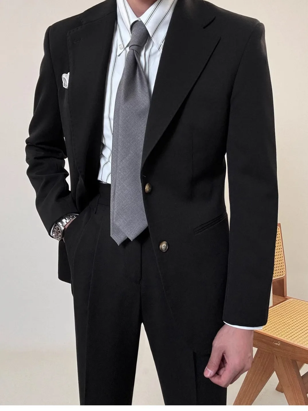 

High Quality Men Suit Set 2 Pieces Naples Blazer Pants Formal Single Breasted Peak Lapel Suit Slim Fit Business Casual Tuxedo