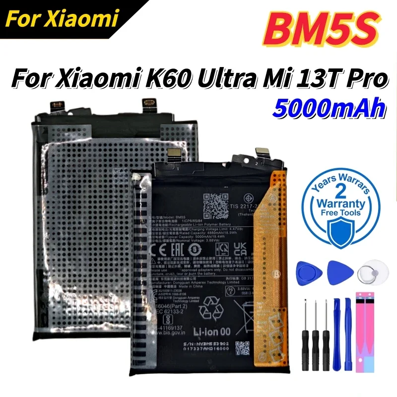 100% New  Original 5000mAh BM5S Battery For XIAOMI Redmi K60 Ultra/Mi 13T Pro Battery Replacement Bateria+Free Tools