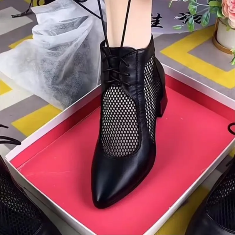 Net yarn boots women\'s new thick heel net boots cool boots thick heel hollowed out short boots spring summer boots C1083