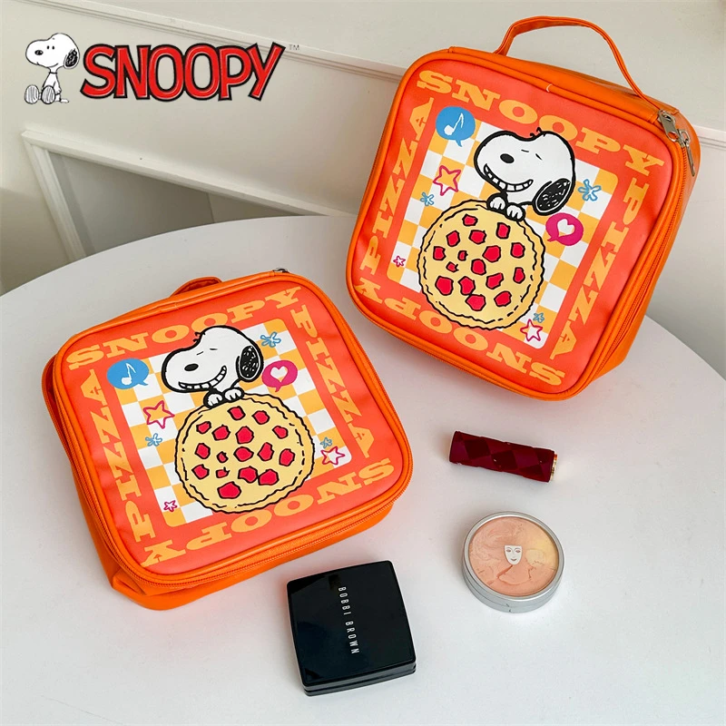 

MINISO Cartoon Cute Pizza Snoopy Print Large Capacity Makeup Bag Girl Travel Cosmetic Portable Storage Bag PU Handbag Makeup Bag