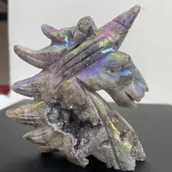 Hight About 11-12cm Natural Crystal Plating Color Unicorn Sphalerite Drusy Hand-Carved Statue Reiki Healing Gem