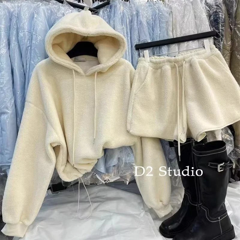 

Повседневный костюм, женский весенний свободный повседневный свитер с капюшоном, вязаные широкие шорты с высокой талией, комплект из двух предметов, модная женская одежда