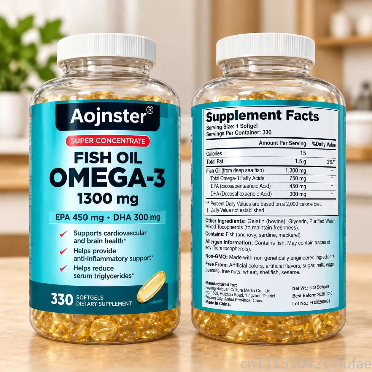 Omega 3 Fish Oil 1300mg EPA DHA Softgels, Supports Joint Bone Skin Health, 330 Capsules Supplement