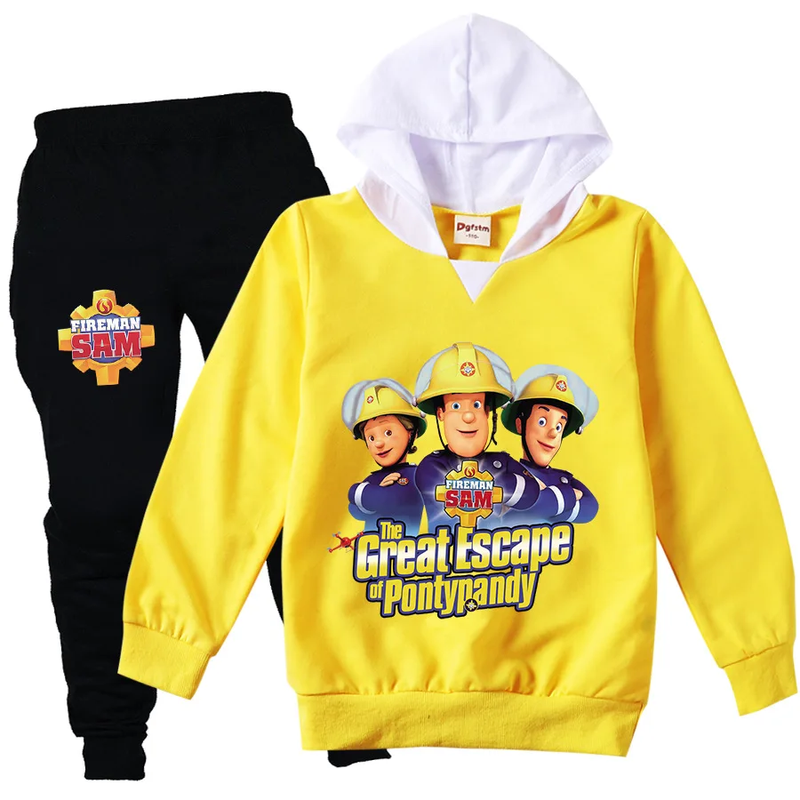 

Cartoon Fireman Sam Hoodies for Kids Casual Tracksuit Boy Sweatshirt Sets Girls Hooded Coats Pants 2pcs Set Children's Clothing