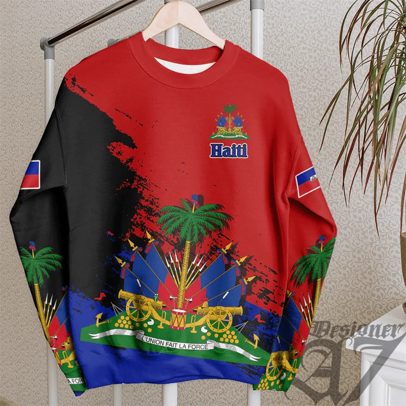 HT Country Emblem Flag Hoodie Caribbean Sea Haiti Island Retro Pullover Tracksuit Street Sports Fitness GYM Oversized Sweatshirt