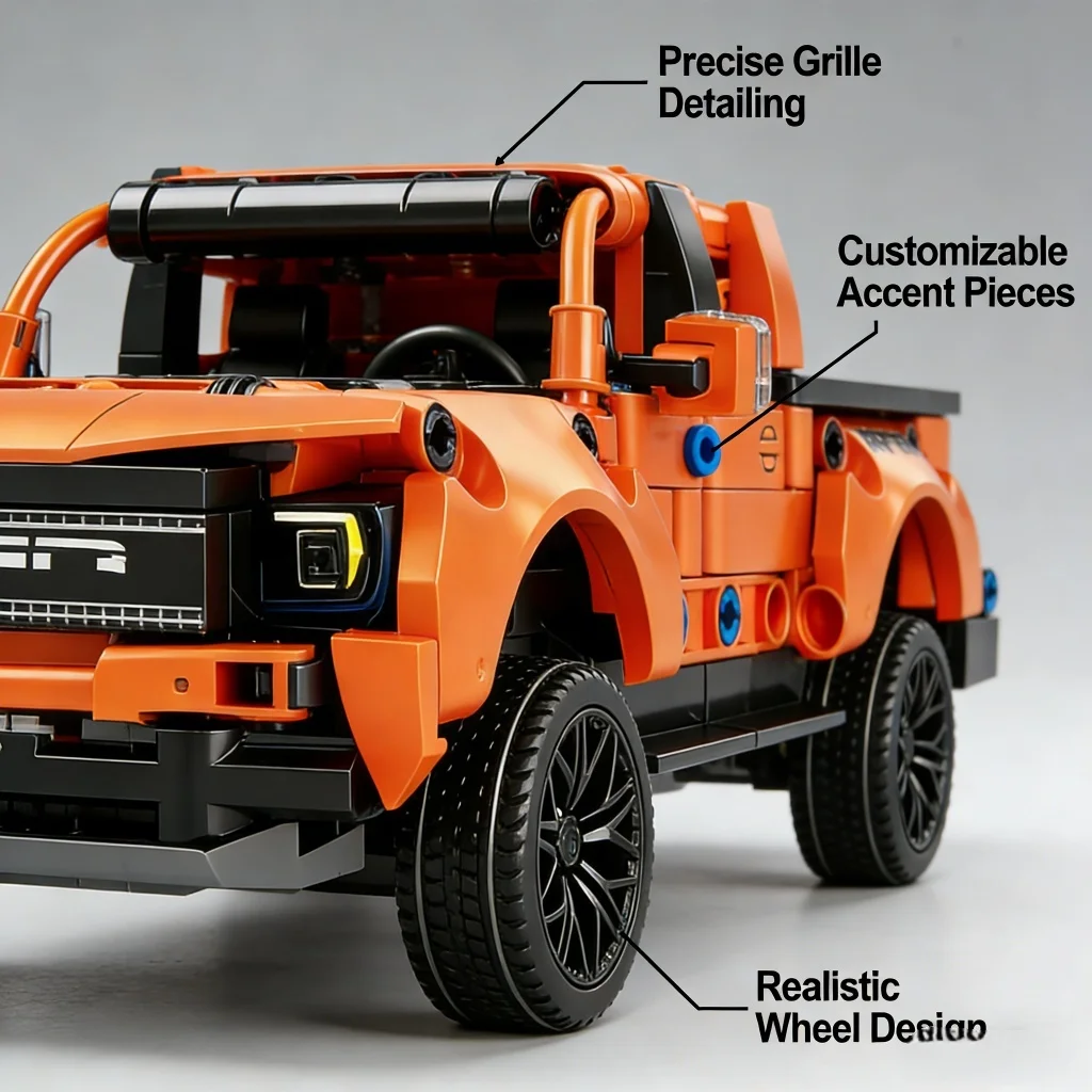 Technic Orange Pickup Truck Building Blocks, Rugged Off-Road Style, DIY Bricks Kit for Collectors - view 5