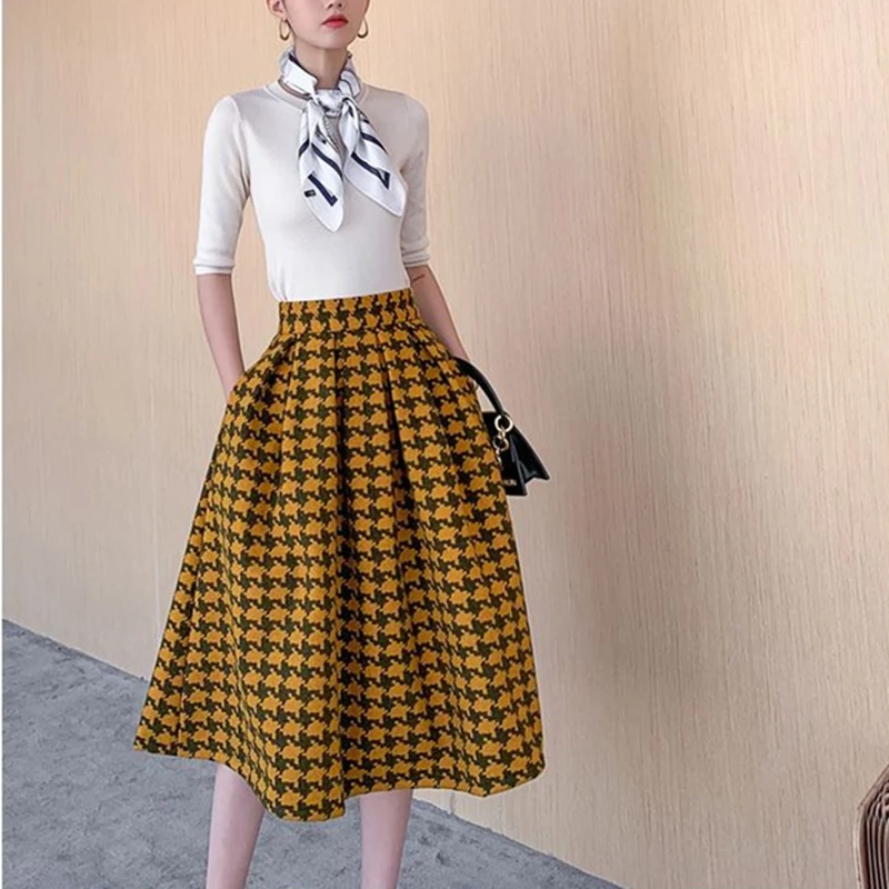 Imagem -03 - Saia de lã Retrô de Cintura Alta Houndstooth Feminina Outono Inverno