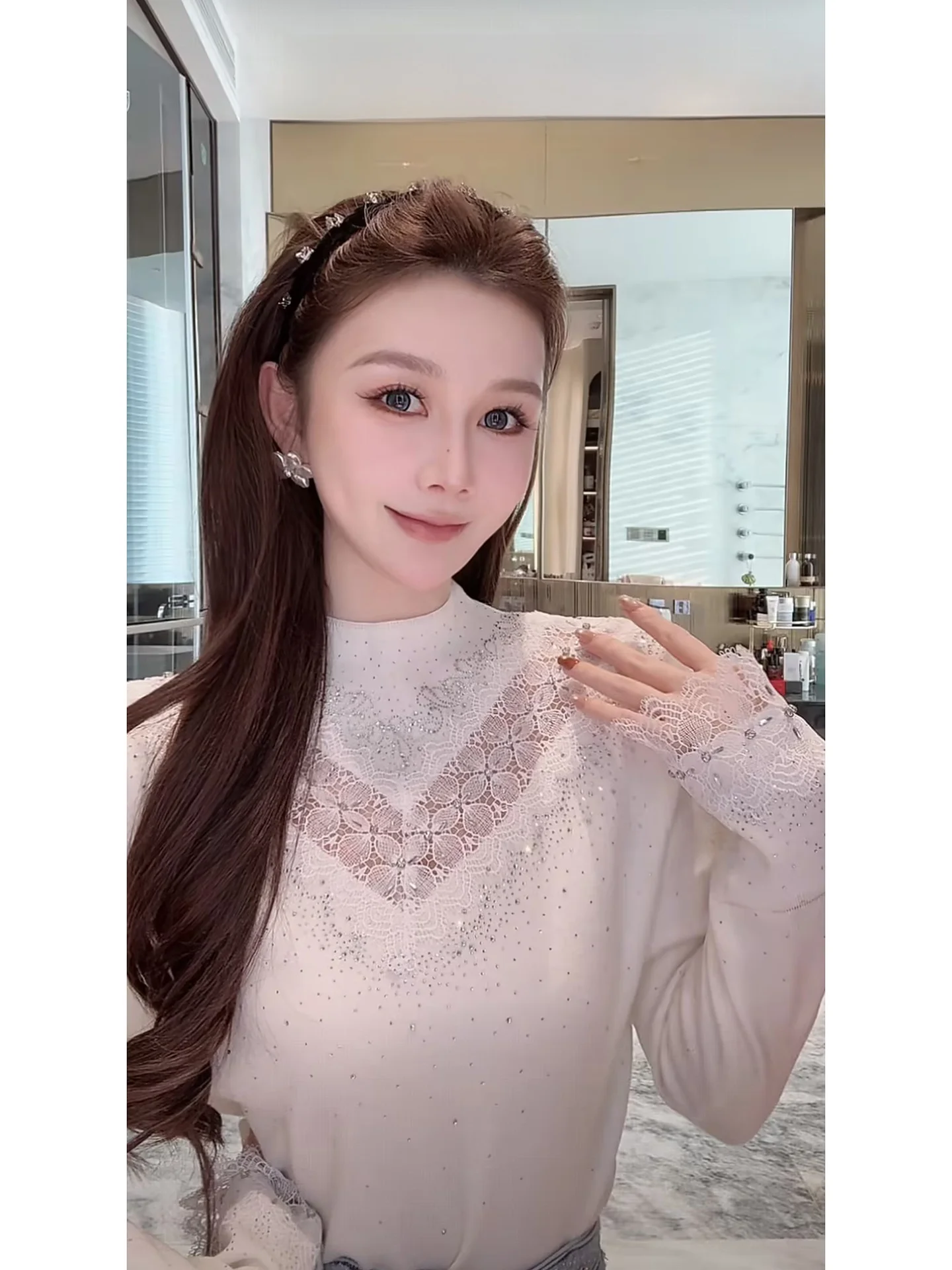 

Azhen Lace Dr Heavyweight Lace Splicing f High Collar Knitted Women's Wool Blend Long Sve Regular Length Pullover