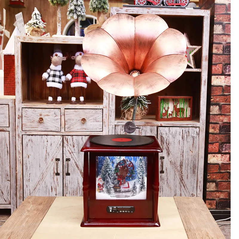 Home Decor Snow Music Box Phonograph Display Christmas Decorations Home Accessories Party Holiday Supplies Gifts