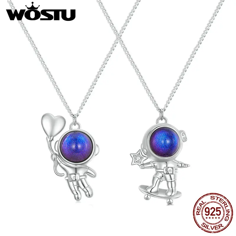 WOSTU 925 Sterling Silver Astronaut Necklace Star Picking Starry-sky Glass Pendant Chain for Women Fine Jewelry Birthday Gift